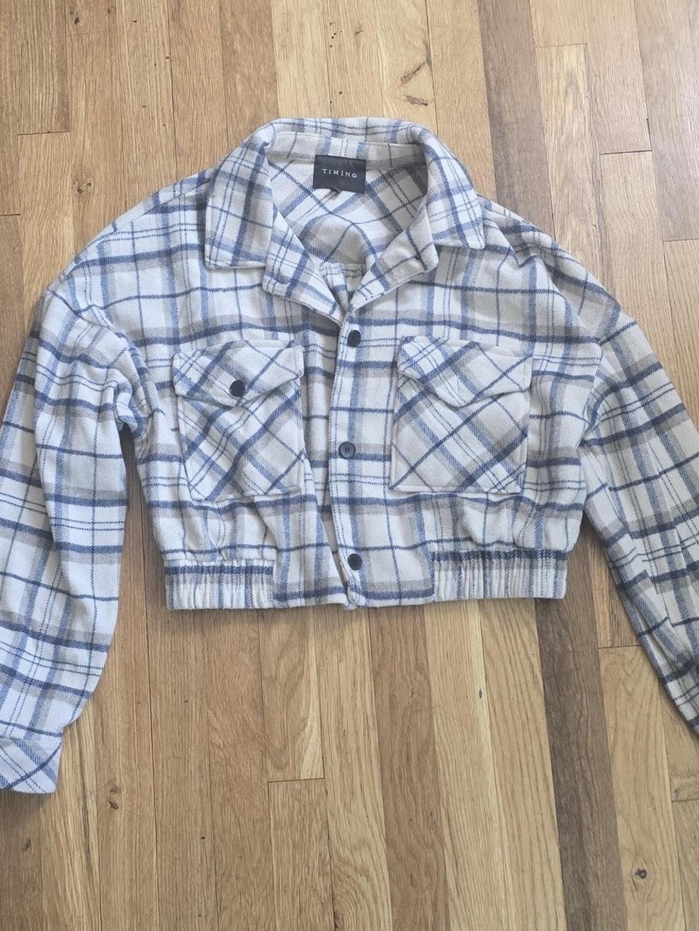 Timing Plaid Cropped Button Jacket in Cream and Light Blue